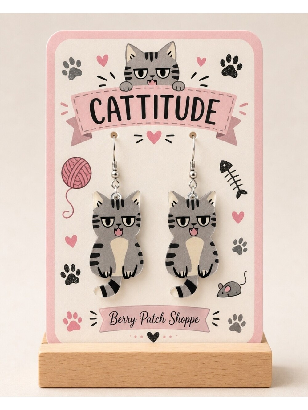 Fun Jewelry Cattitude Tabby Kitty Cat Hypoallergenic Acrylic Dangle Earrings